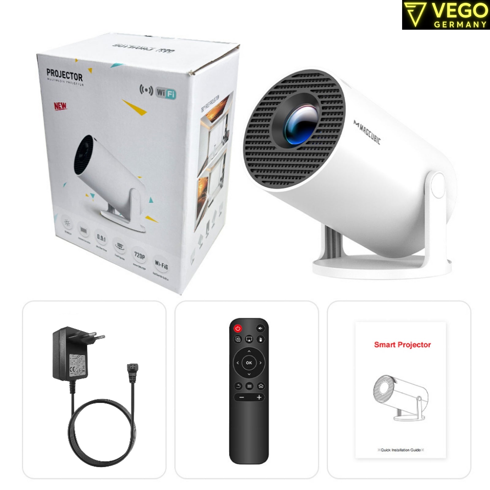 Magcubic HY300 Pro Mini Beamer mit Verpackung, Fernbedienung, Netzteil und Anleitung – kompakter 4K-fähiger Heimkino-Projektor in Weiß