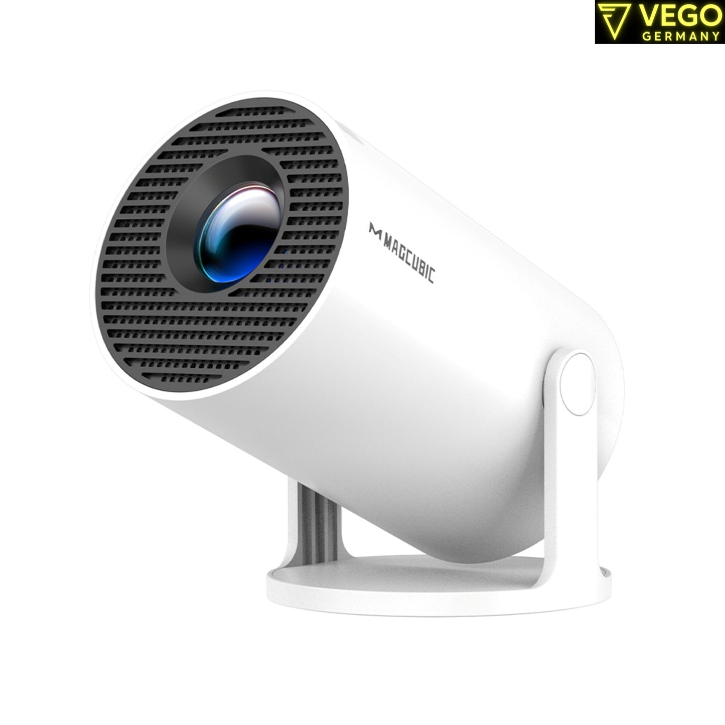 Magcubic HY300 Pro Mini Beamer in Weiß – frontale Schrägansicht mit Projektorlinse